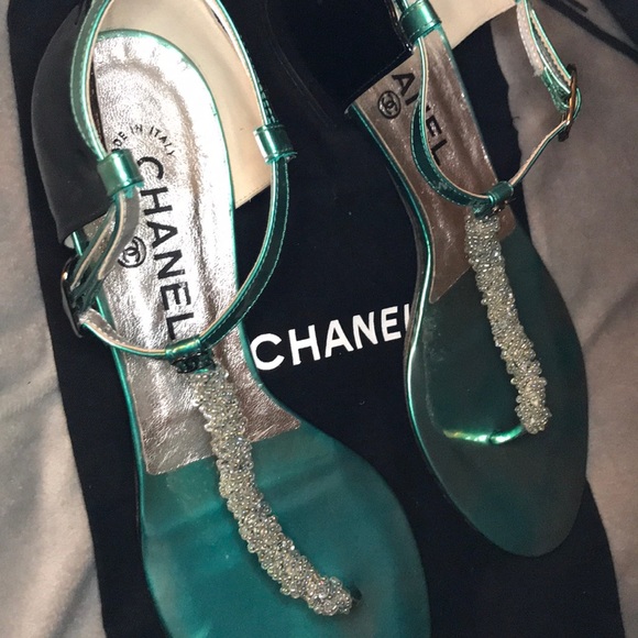 Chanel Sandal Hand Beaded Black Silver and Teal - Picture 3 of 8